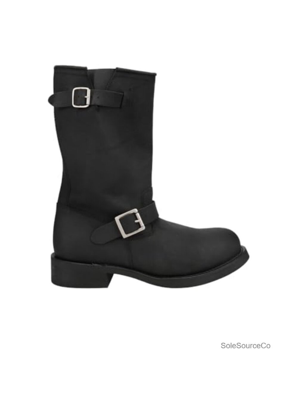 Men's Leather Mid Calf Motorcycle Boots Pull On Adjustable Buckles